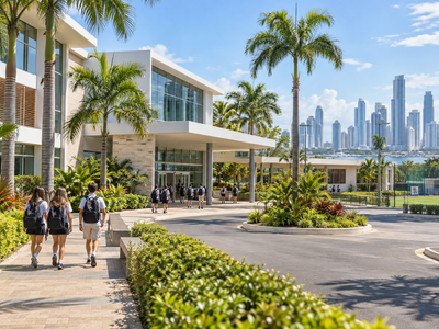 Modern educational campus with students walking along landscaped pathways, highlighting Schools in Panama services in Panama by Panama Equity Real Estate