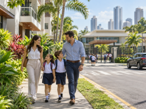 Children in school uniforms walking with adults near modern school building, highlighting Schools in Panama services in Panama by Panama Equity Real Estate