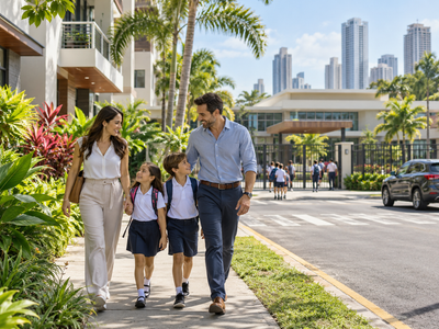 Children in school uniforms walking with adults near modern school building, highlighting Schools in Panama services in Panama by Panama Equity Real Estate
