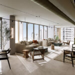 Image of the social area with a couch and table at Amara