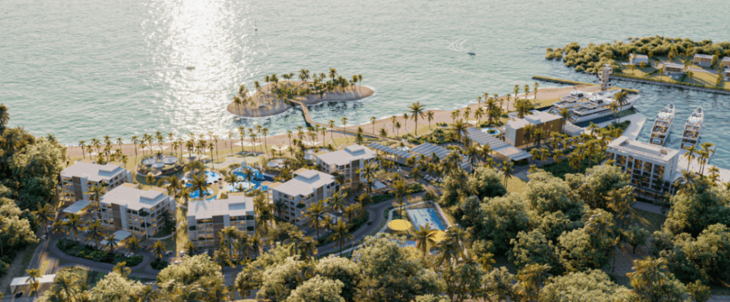 Render Image of the upcoming project portalmar with views of the water and towers