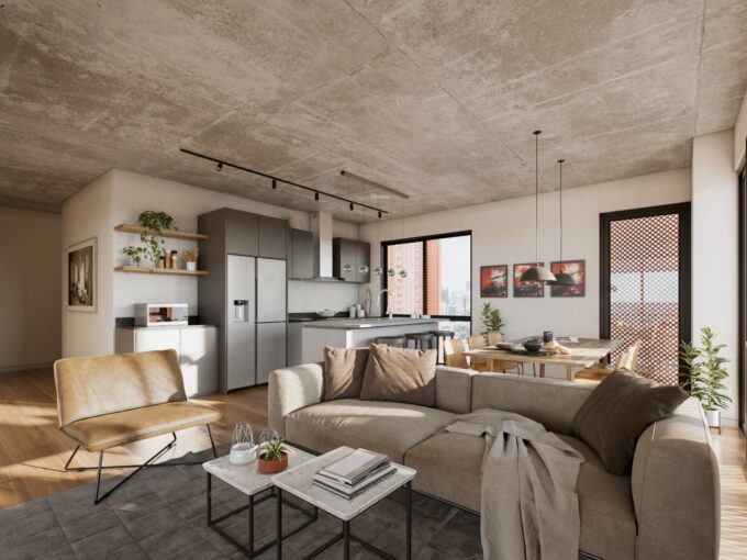 Image of living room with couch and kitchen in this condo in Casa Parque in San Francisco