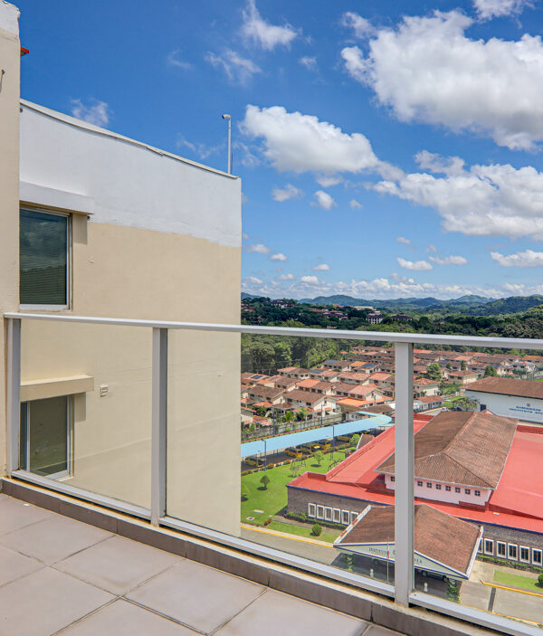 Image of balcony with views oof the green spaces in this penthouse in Pine Hill