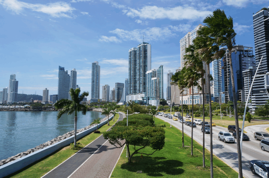 Urban streetscape in Bella Vista, Panama City