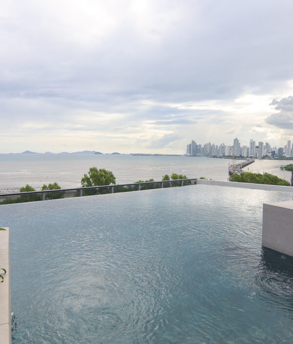 Swimming pool with view of water and city