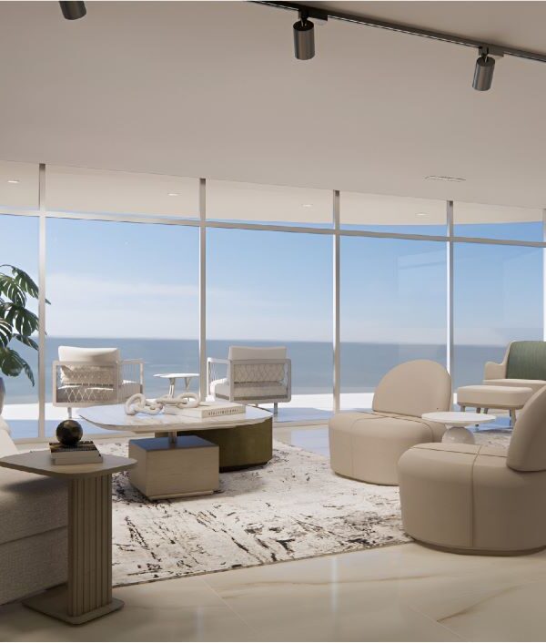 Image of living area with ocean views, table and chairs in this condo for sale in Allure at Punta Pacifica