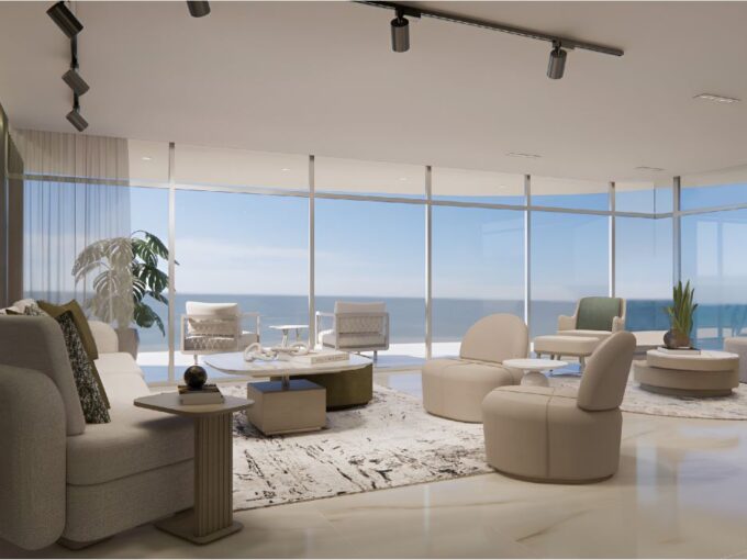 Image of living area with ocean views, table and chairs in this condo for sale in Allure at Punta Pacifica
