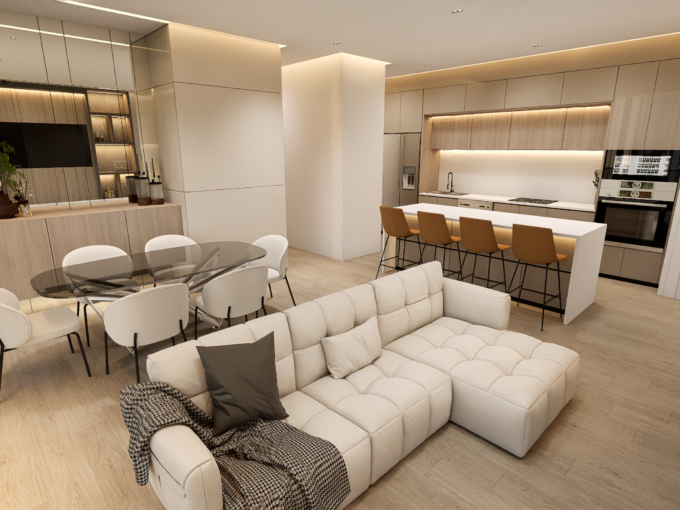 Image of living room with couch, table and chairs in this condo for sale in Sky Parc 2