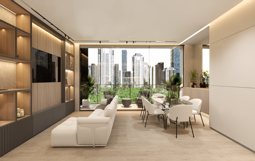 Image of living area with city views in this condo for sale in Sky Parc 2