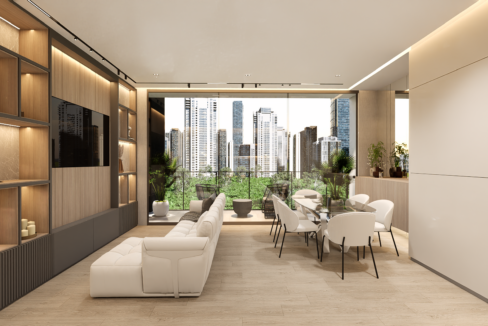 Image of living area with park views and couch in this condo for sale in Sky Parc 2