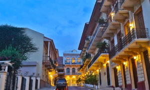 Colonial street in Casco Viejo, Panama with warm evening lights