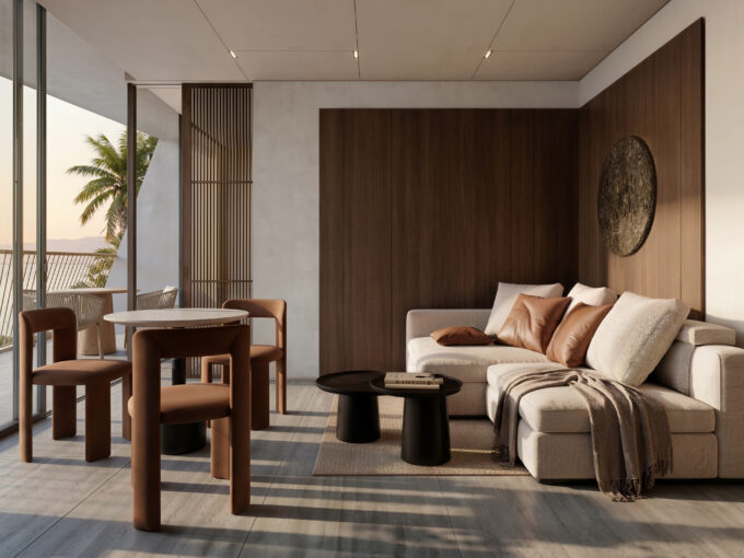 Image of living area with couch, table and chairs in this condo for sale in Nayamara