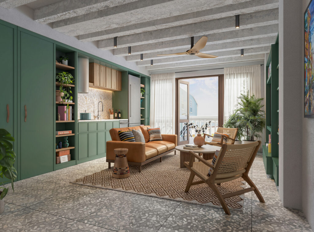 Image of living space with table, chairs and couch in this condo for sale in Dona Ceci