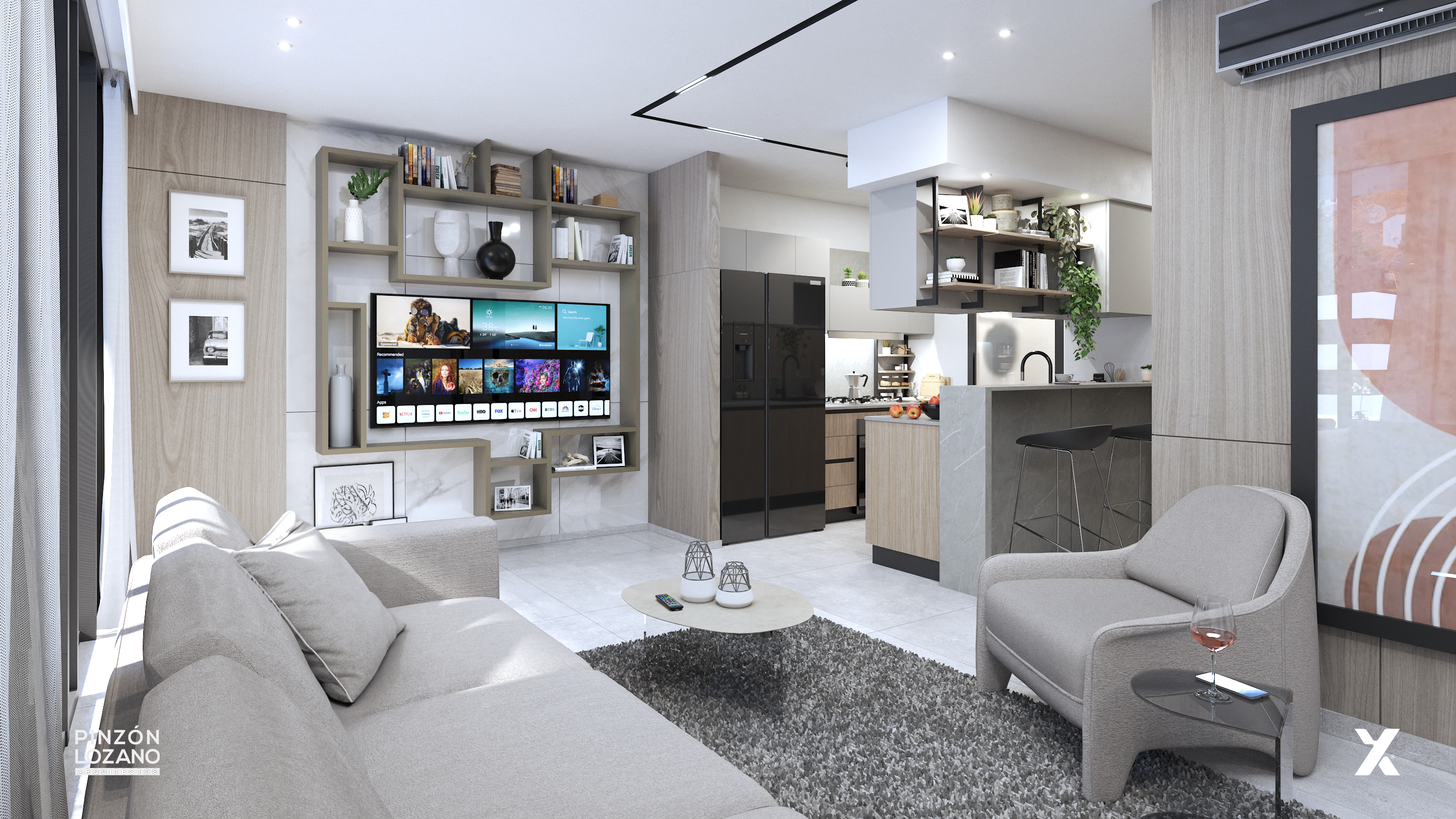 Image of living room with couch, chair and partial view of kitchen in this condo for sale in X The Building