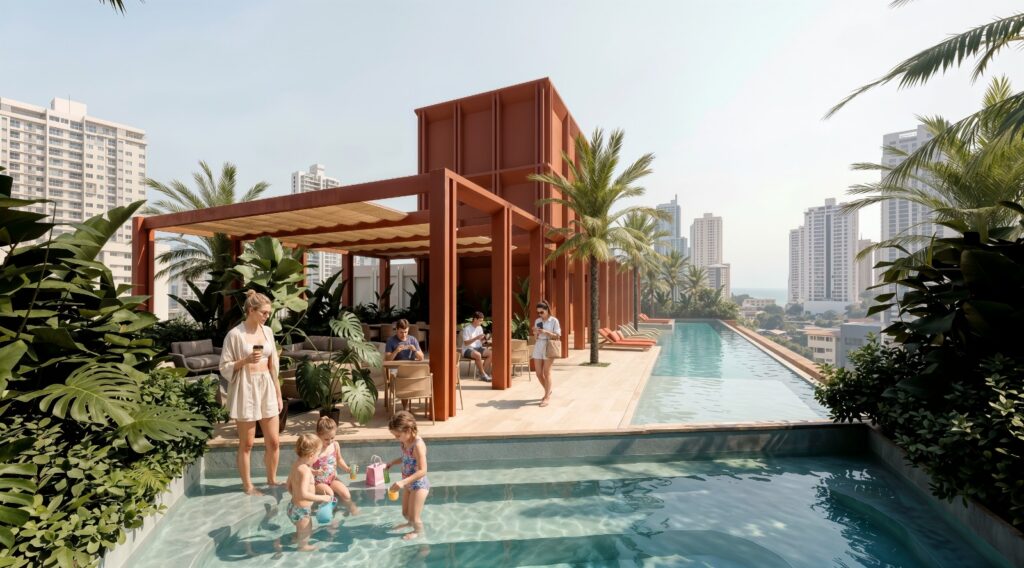 Large swimming pool with spacious covered bohio in Vibe