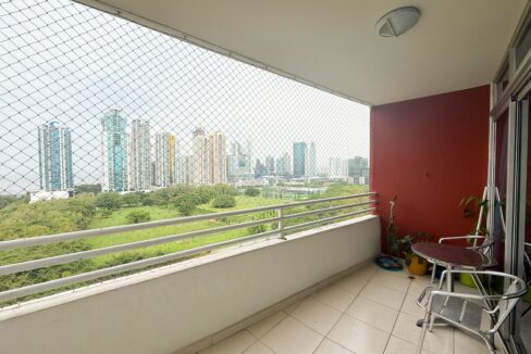 Balcony view over the Costa del Este park and the Panama City skyline from this Vertikal condo.