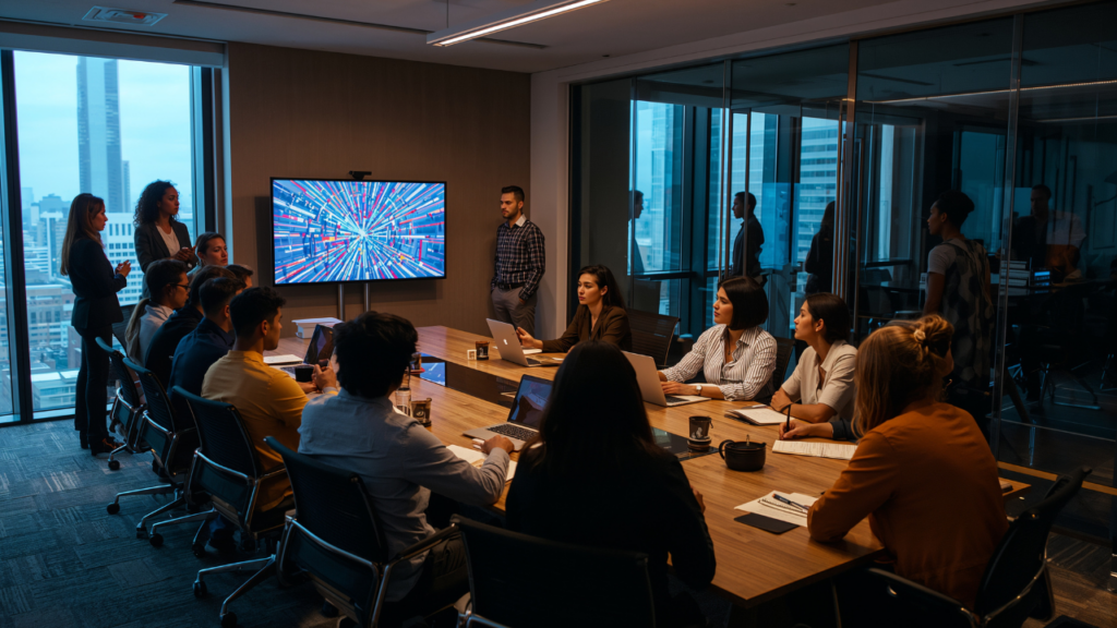 Corporate team sitting at a conference table for a professional presentation on how to work in Panama real estate services in Panamá by Panama Equity Real Estate