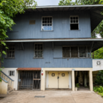 Two-story blue wooden teardown house on land for sale in Ancón, framed by large tropical plants