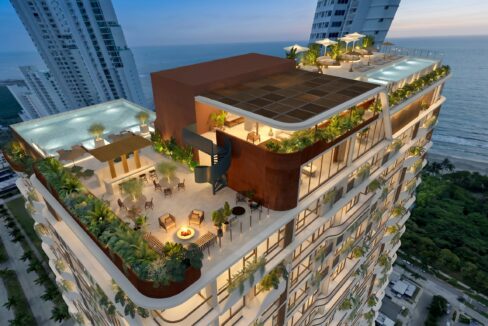 Aerial rendering of the Selvatica tower rooftop amenity deck with pools and gardens above the coastline.