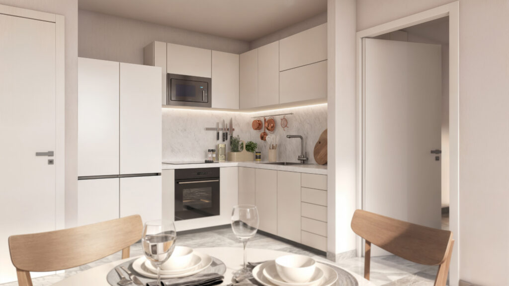 Kitchen with cabinetry in this condo for sale in AWA