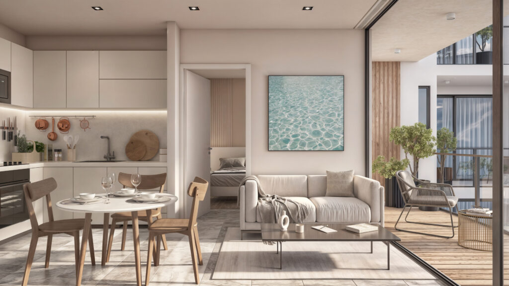 Living room with furniture in this condo for sale in AWA