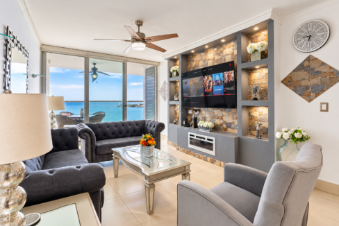 Living room and balcony with Pacific Ocean views at PH Bahia, Nueva Gorgona