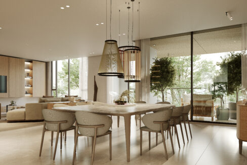 Blau Model A living and dining area with floor-to-ceiling windows