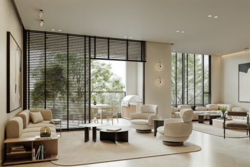 Blau Model B living and dining room with floor-to-ceiling windows and Costa del Este views