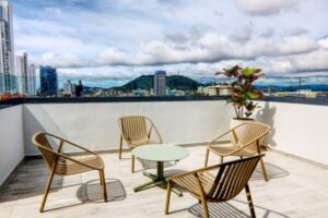 Modern rooftop terrace with city skyline views Panama qualified investor visa services in Panama by Panama Equity Real Estate