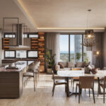 Dining room and kitchen in the Ebano Model A condo