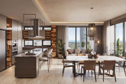 Dining room and kitchen in the Ebano Model A condo